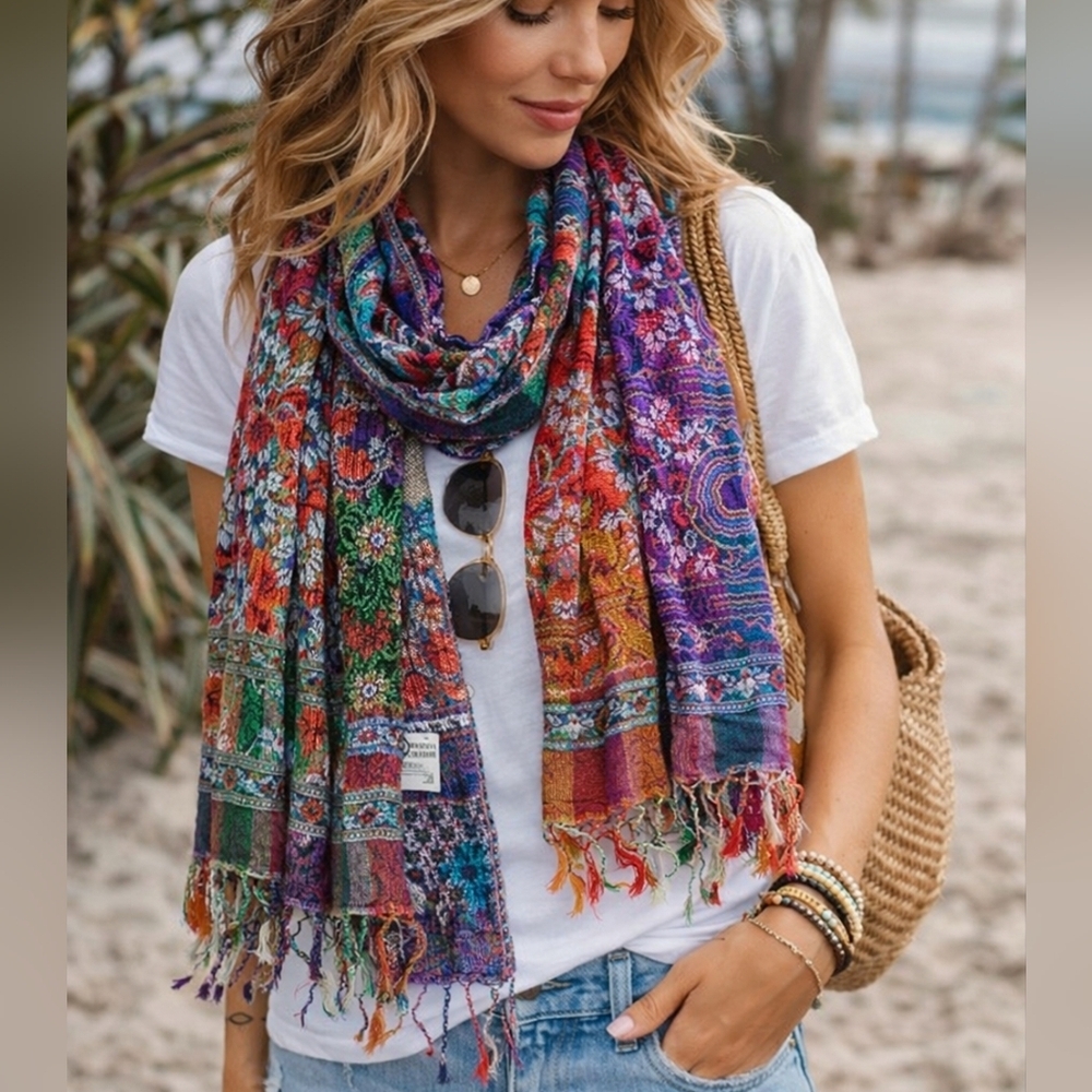 🌈 NWT Wrapsody In Hues Rainbow Floral Boho Scarf | Artisan India